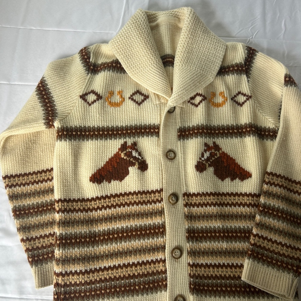 Cream and Brown Men's Sweater with Horse Design